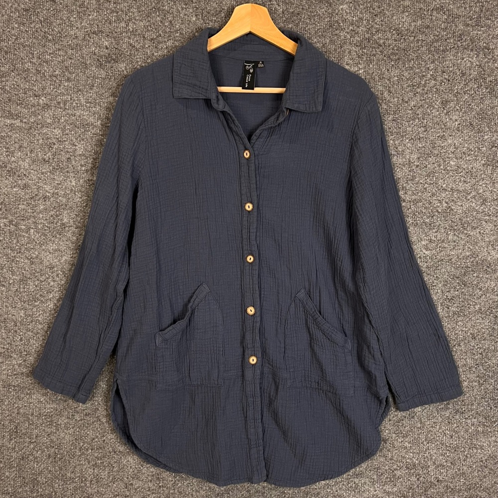 Focus Casual Life Button Up Shirt Womens Medium Blue Excellent Gauze Cotton